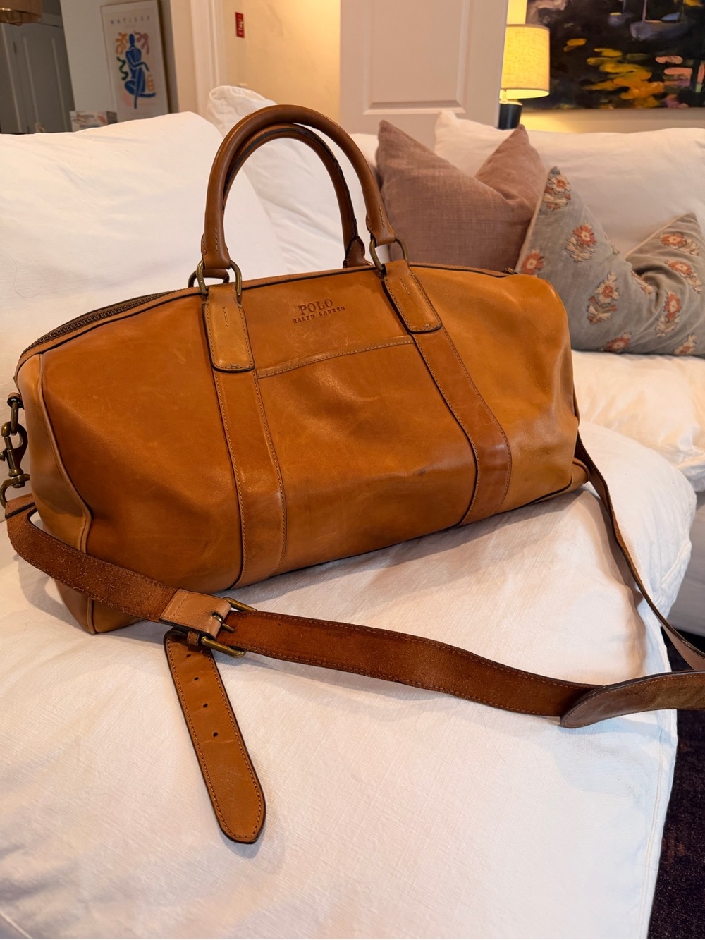 Ralph Lauren Calfskin Leather Duffel Bag Unisex Large Brown Vintage Heritage